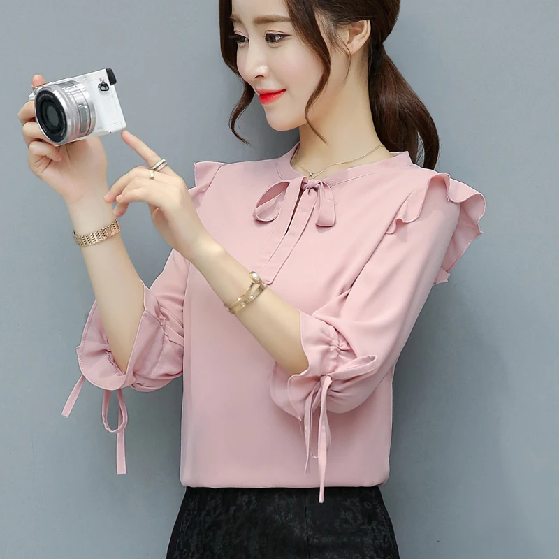 Женские шифоновые блузки с рюшами элегантные рубашки круглым вырезом и бантом