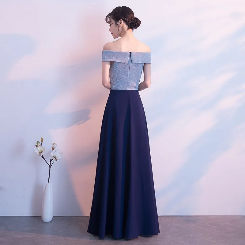 Темно-синие платья для выпускного вечера с открытыми плечами Плиссированные