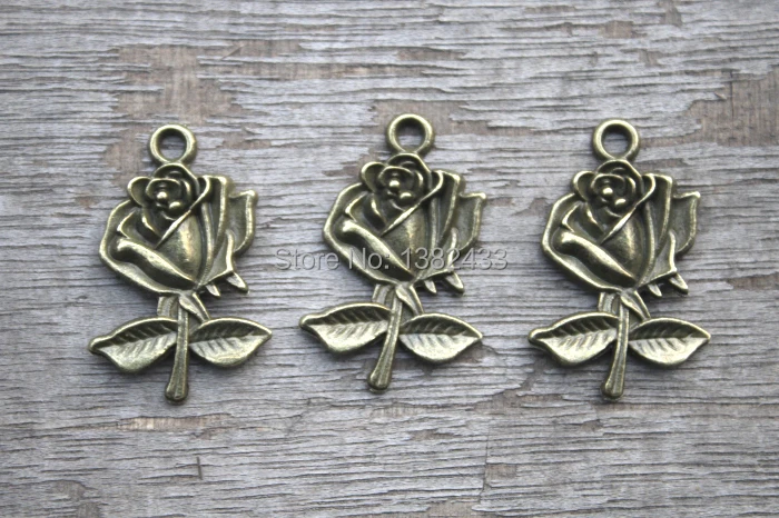 

15pcs--Rose Charms, Antique Bronze Vintage Rose Flowers With Leaves charms pendants 25x17mm