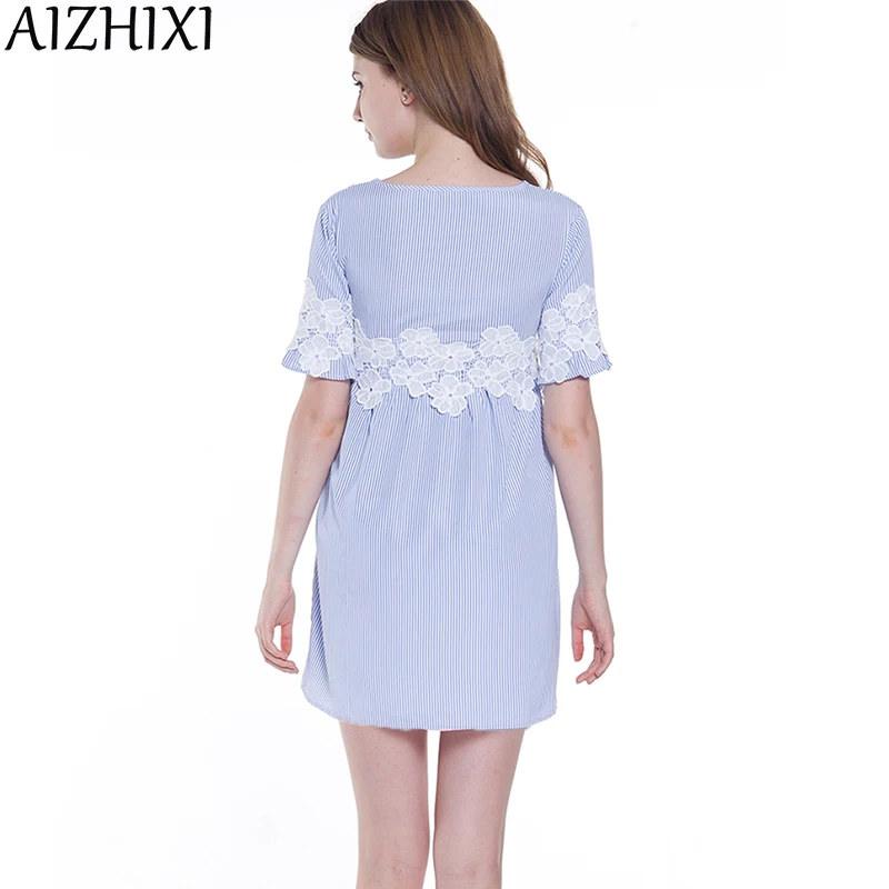 AIZHIXI Цветочная Кружевная аппликация Синий Полосатый Babydoll мини-платье женское 2017