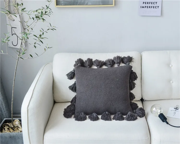 grey(no filler) 45X45 см розовый синий кофе белый однотонный хлопок вязаный кружево кисточки подушки диван украшения consice скандинавском комнате Декор Мягкие подушечки - Цвет: grey(no filler)