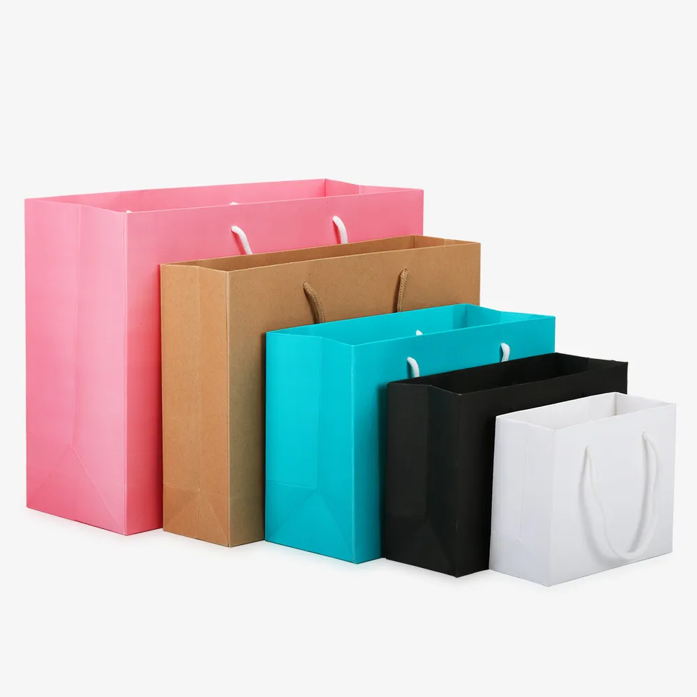 

100pcs/lot Small white kraft paper packaging bag,pink garment gift paper bag with handles,small black paper shopping bag