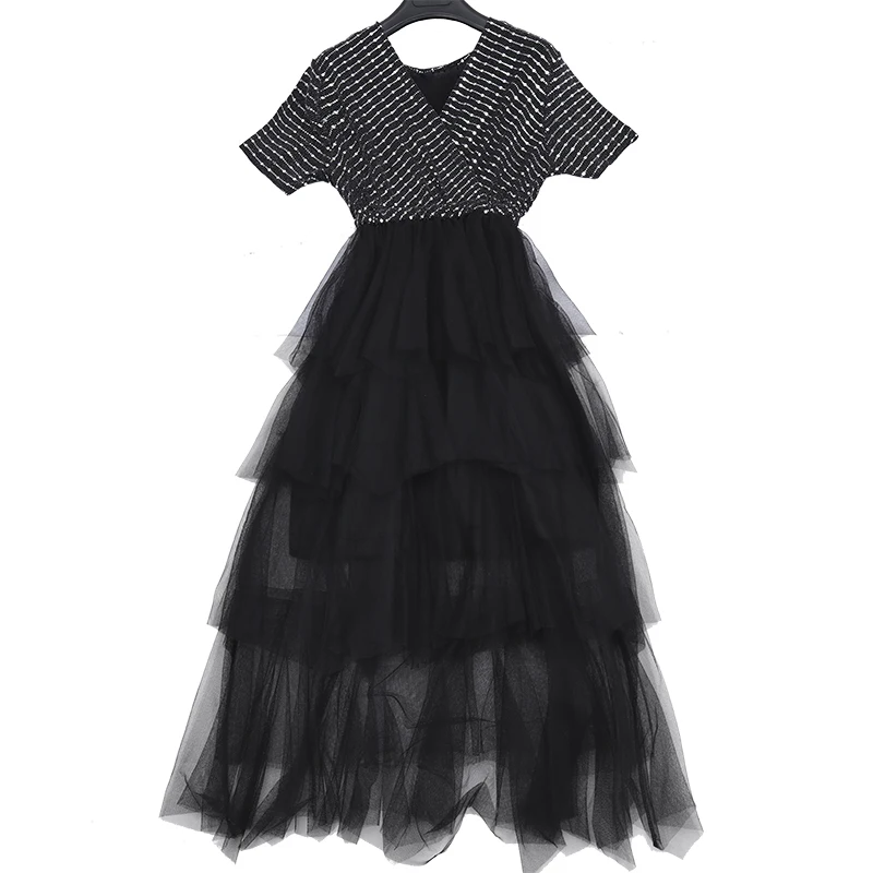 Женское летнее платье миди из тюля с V образным вырезом и оборками|Женские платья|