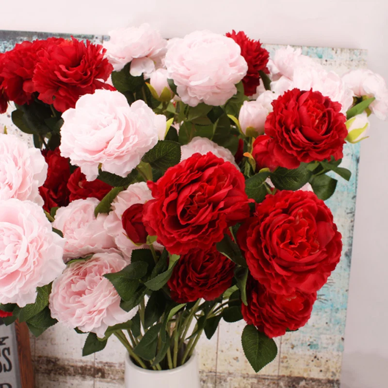 1PCS 3 Heads Fake Flowers Artificial Silk Bridal Wedding Decoration Wreath Bunch Home Decor Artificial Flowers Peony Real Touch