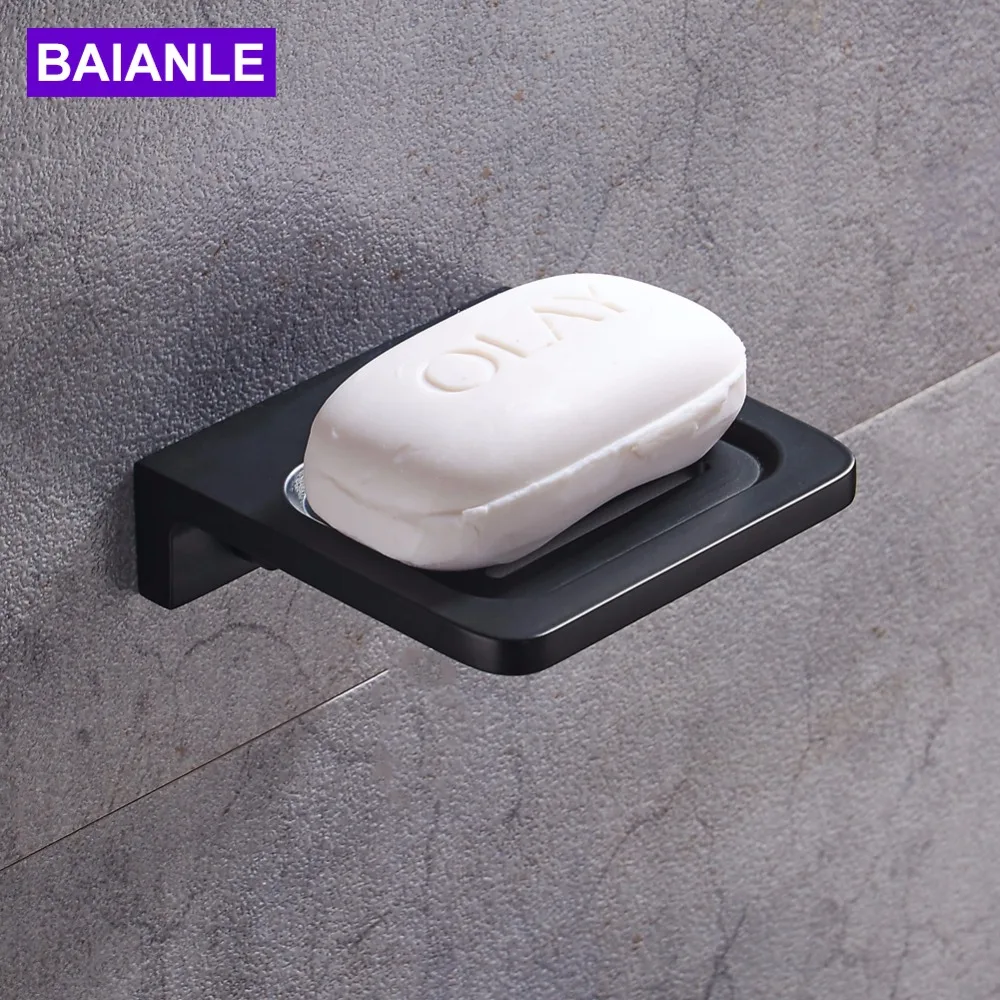 

Free Shipping Modern Wall Mounted Soap Dishes Space aluminum Square Bathroom Black Soap Dish Holder