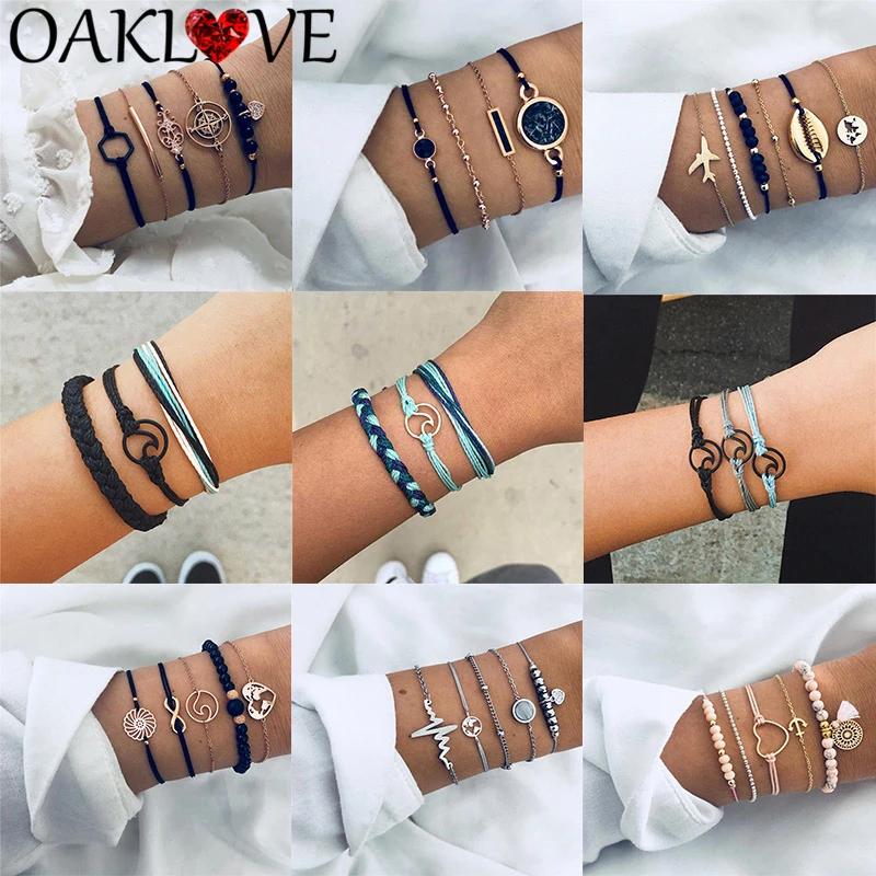 Богемные плетеные браслеты компасы Тотем Сердце Луна Мода оболочки самолет