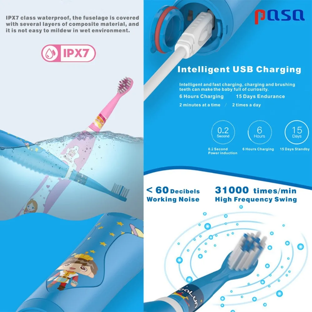 Детская электрическая зубная щетка с мультяшным рисунком ультразвуковая