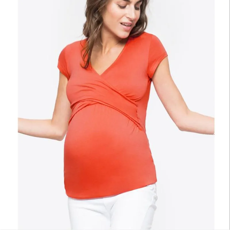 

2019 summer short-sleeved maternity clothes V-neck solid color cross-feeding dress high elastic breastfeeding T-shirt