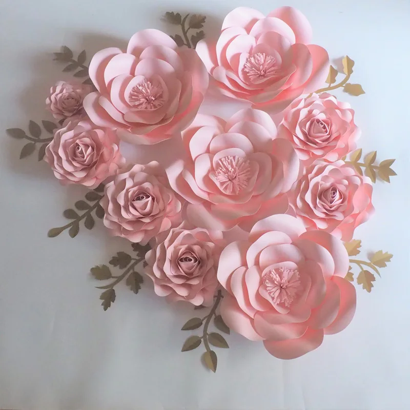 

2018 Baby Pink Rose Giant Paper Flowers Backdrop 10PCS +Gold Leaves 9pcs For Wedding & Event Baby Nursery Baby Shower Artificial