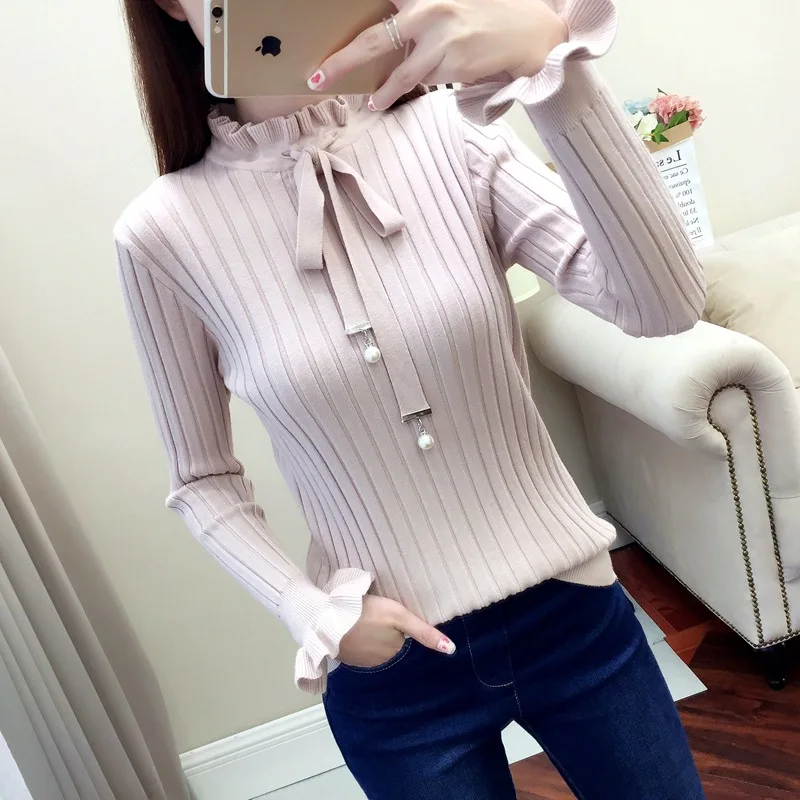 Winter Casual Sweater Women Slim Knitted Female Flare Long Sleeve Turtleneck Pullover Lace Up Sweaters | Женская одежда