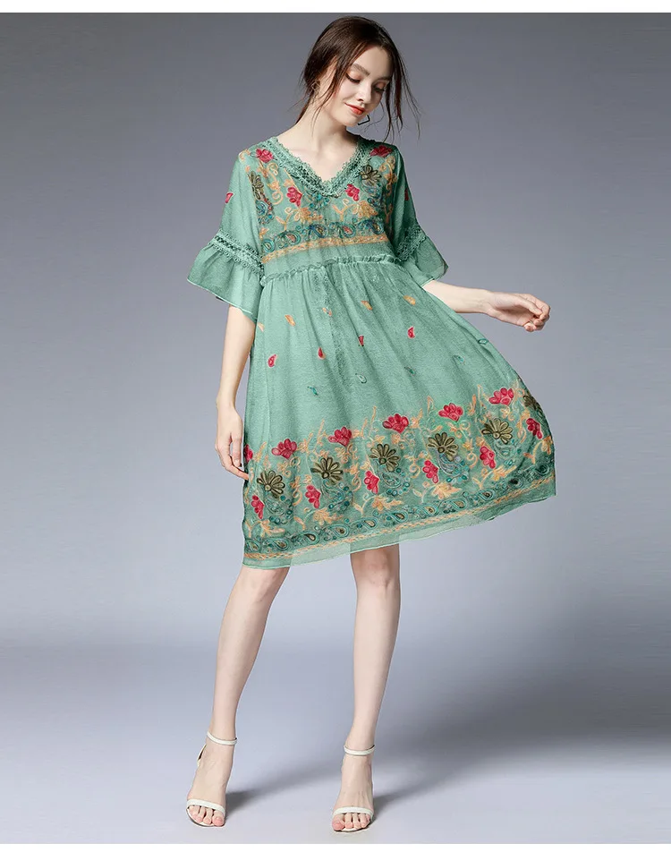 

Summer loose Chiffon Dress Elegant Vestidos V neck Floral embroidery dress empire petal sleeves Casual vacation beach dresses4XL