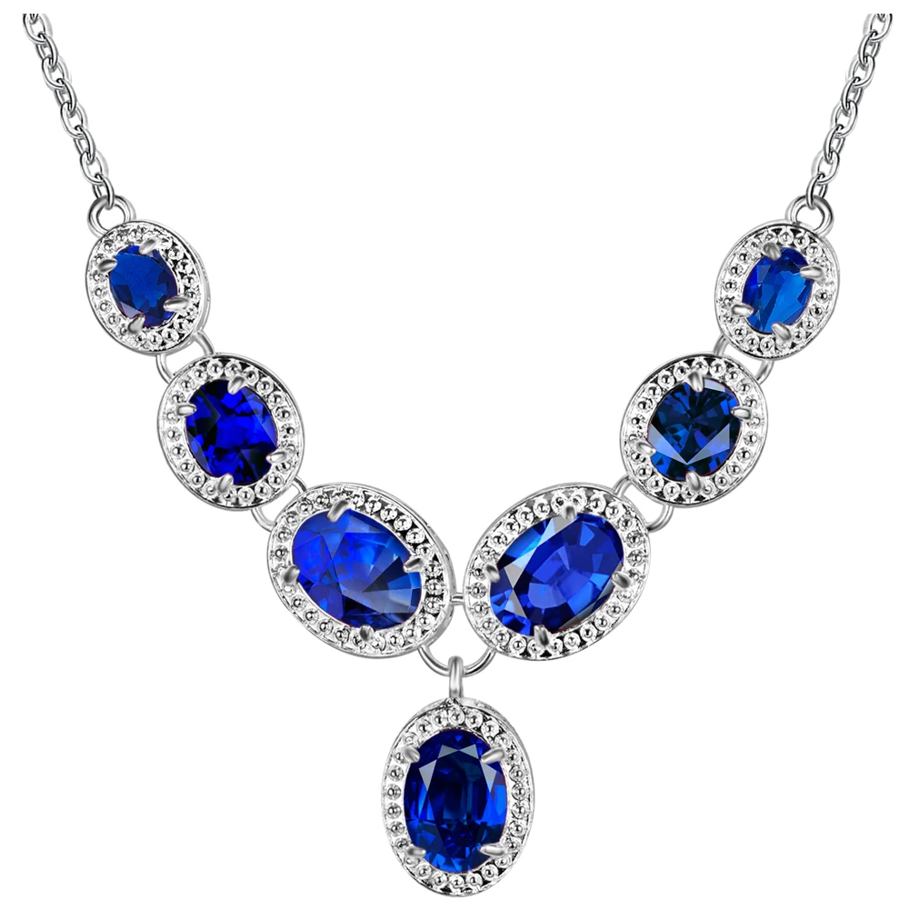Комплект с серебряным покрытием merek pesona Wanita busana permata safir biru liontin kalung untuk wanita asli murni