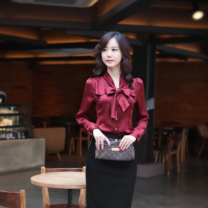 Evening 2018 korean fashion women gown female summer silk stain bow blouse for fat OL longsleeve classic shirt white purple |