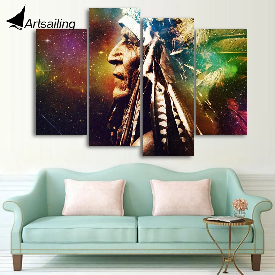 Картина на холсте 4 шт. художественная индийская картина головной убор перья