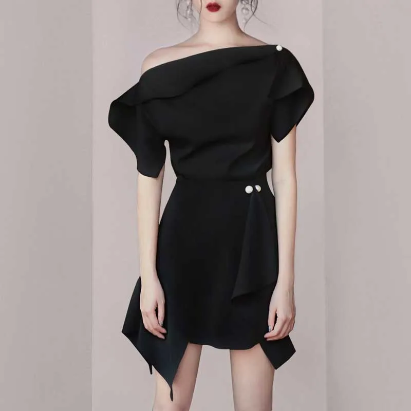 INDRESSME Новинка женское асимметричное облегающее мини-платье с открытыми плечами и жемчужными пуговицами Женская одежда для клуба Vestidos