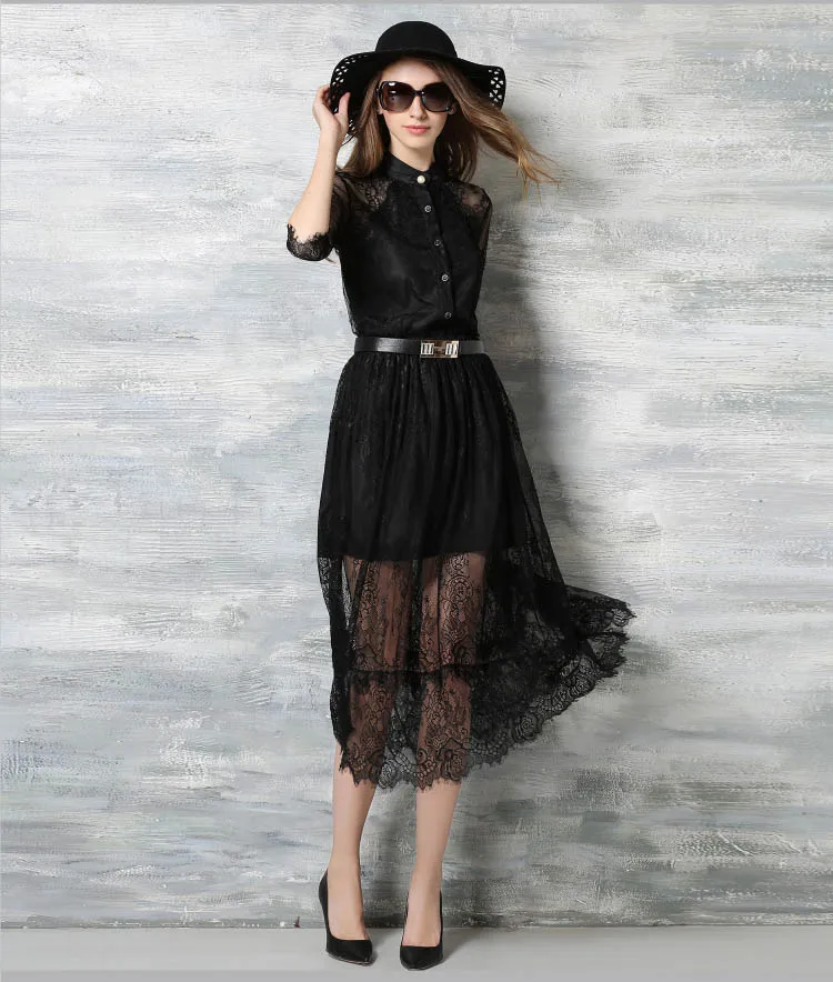 Лето 2017 Black Dress Дамы Кружева Сетки Лоскутное Рукав реглан Поясом Длинные Платья На