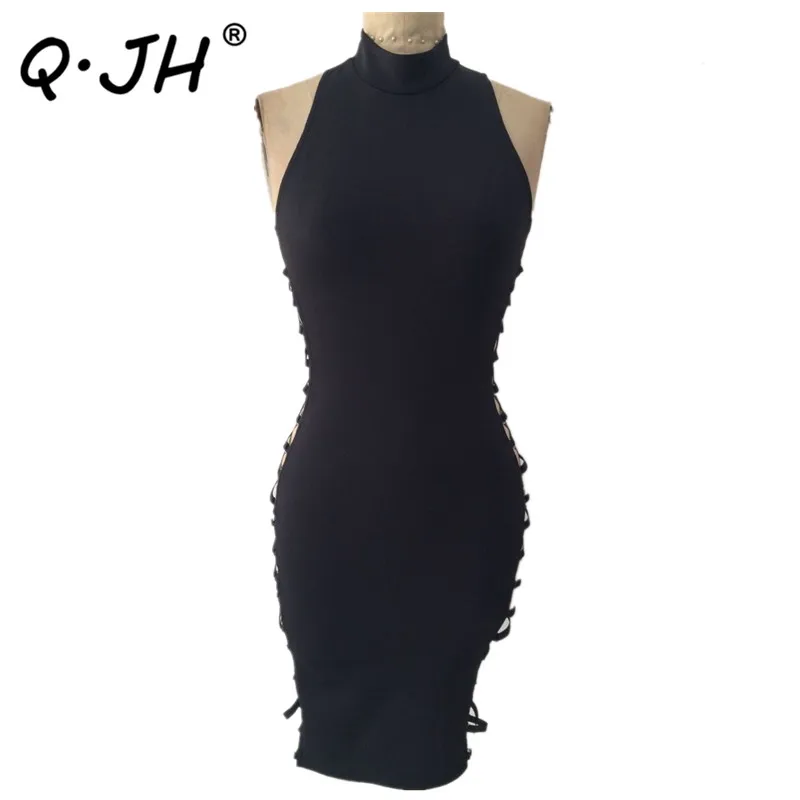 Сексуальная выдалбливают Бинты рукавов dress черный зашнуровал bodycon Midi Dress vestidos де