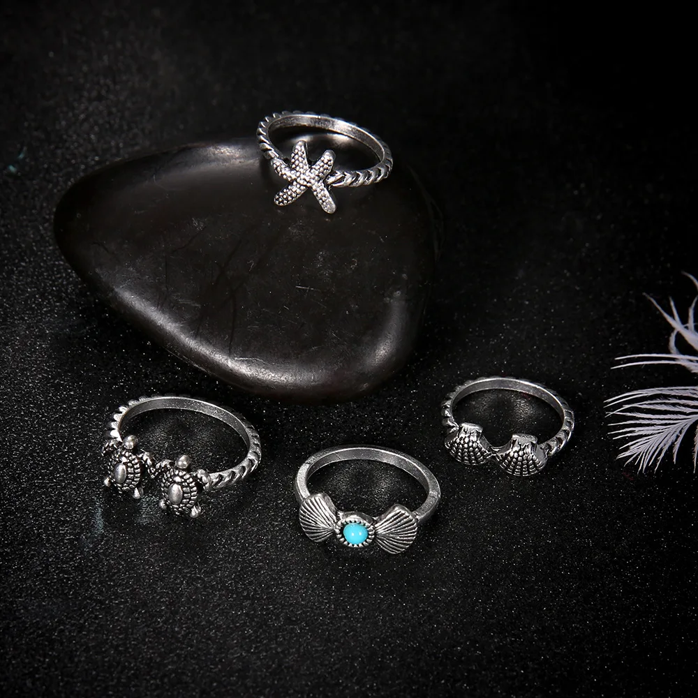 Fashion accessories vintage Bohemia beach style alloy shell starfish turtle stone 4 pieces set of finger rings for women Jewelry | Украшения