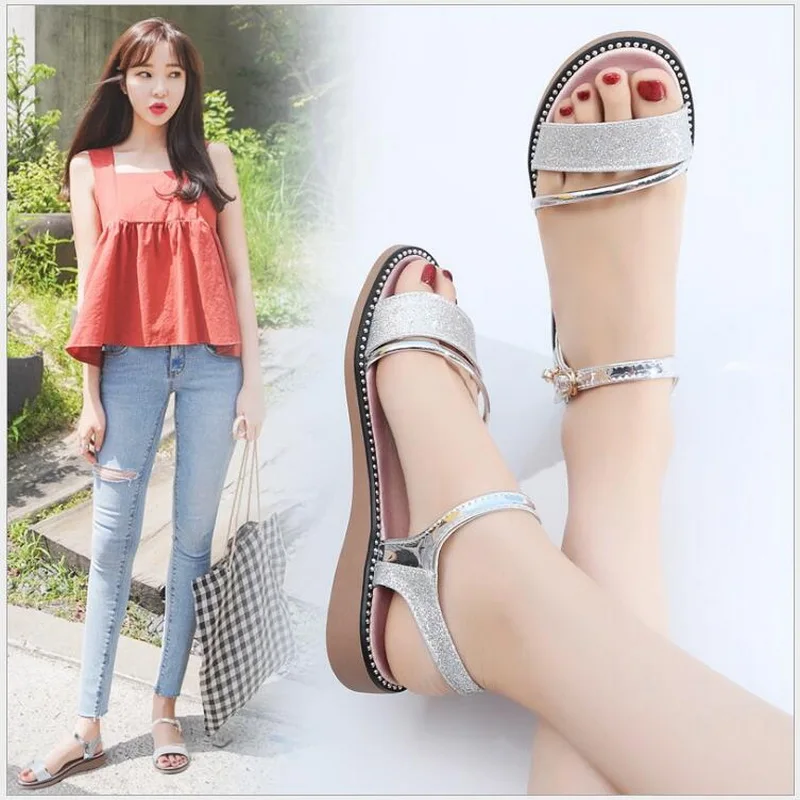 

Female Sandals 2021 Summer New Fashion Flat Sandals Microfiber Women Shoes Casual Low Wedged Student Shoes