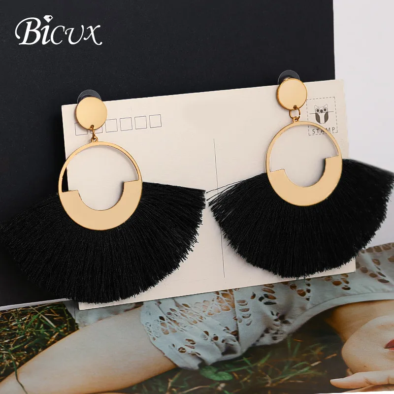 Black 4 BICUX, модные богемные массивные серьги с большими кисточками,, красные, желтые, зеленые, шелковые висячие серьги из ткани для женщин, ювелирные изделия - Окраска металла: Black 4