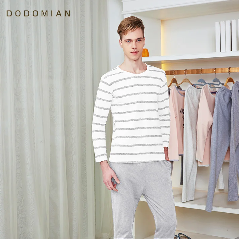 Men Pajama Sets 100% Cotton Spring and Autumn Male Sleepwear Long-Sleeve O-Neck Pullover Striped Lou