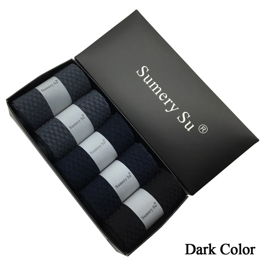 Dark C with Gift Box 5 пар/партия, носки для мужчин, свадебные, из бамбукового волокна, здоровые, повседневные, дышащие, мягкие, одноцветные, черные, Meias, носки, подарок для мужчин - Цвет: Dark C with Gift Box