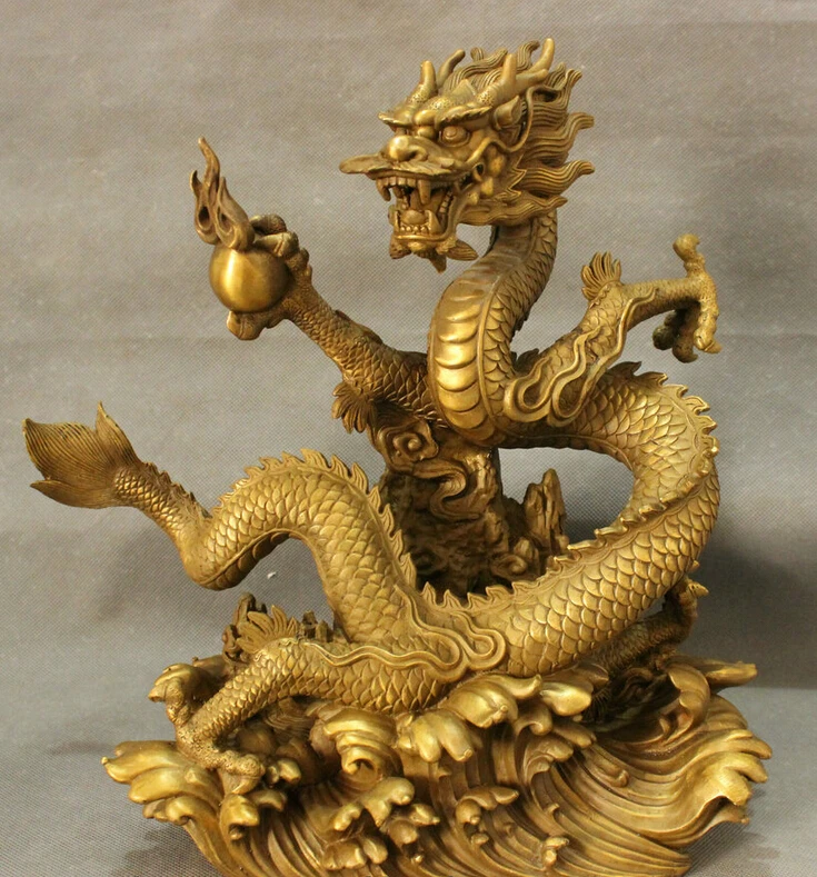 

song voge gem S3101 13" Folk Chinese Brass Decoration Year Zodiac Fly Dragon Play Ball Statue Set