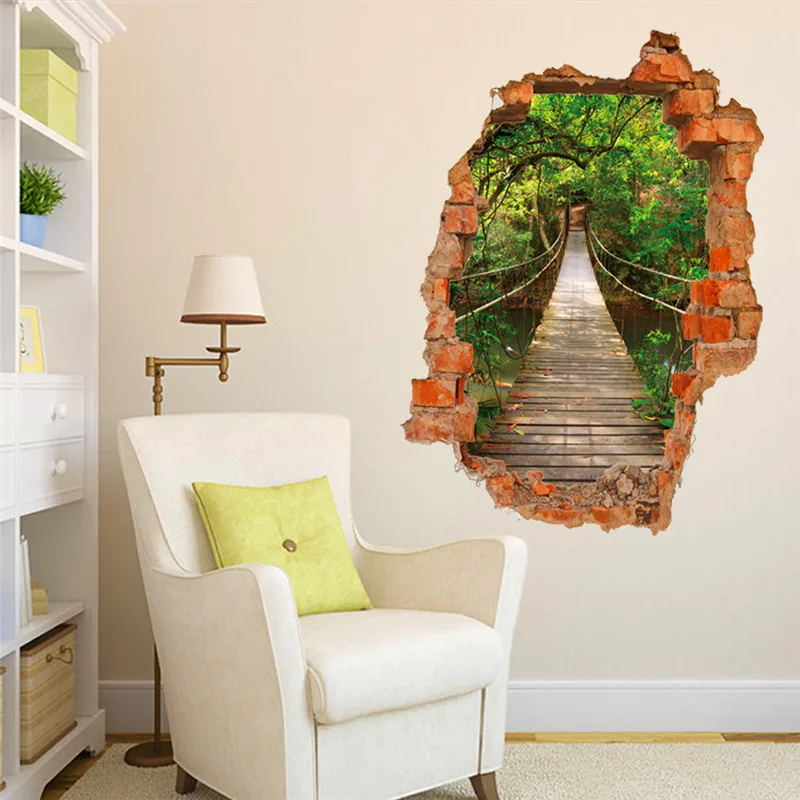 Разбитая стена подвеска мост лес 3d украшение дома настенные наклейки|Наклейки на