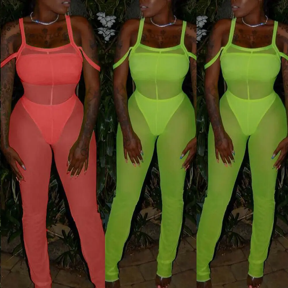Женский комбинезон на тонких бретельках однотонный сетчатый облегающий клубный