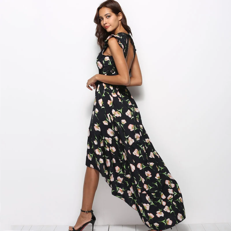 Elegant Floral Print Lace Trim Maxi Dress Party Vestidos Sexy Deep V Neck Backless Summer Women Boho Irregular Long | Женская одежда