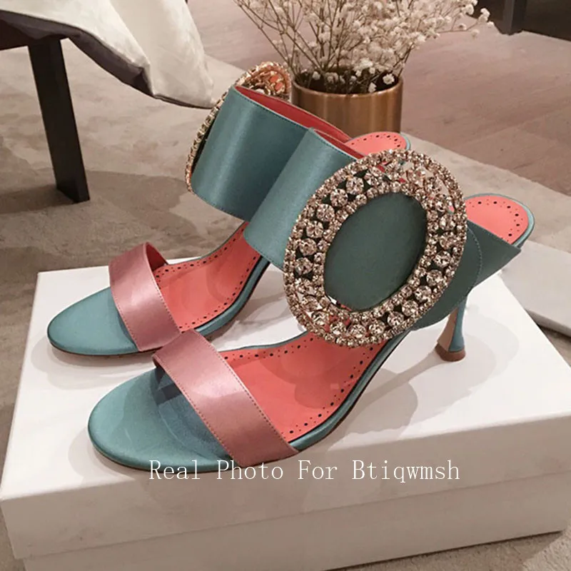 Satin Sandals Women Peep Toe Mixed Color Rhinestone Buckle High Heel Shoes Woman Sexy Party Shoes Mules Slippers