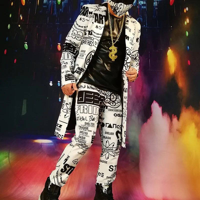 

2018 Custom !!Black and white graffiti hip-hop in a long suit nightclub singer DJDS costumes M-6XL! High quality menswear