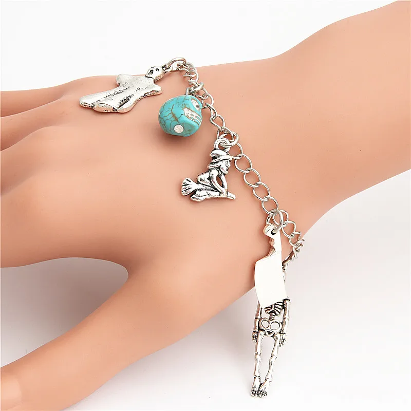 1pc Halloween Gift Skull Witch Tooth RIP Knife Charms Chain Link Bracelet For Men Women Jewelry E2017 | Украшения и аксессуары