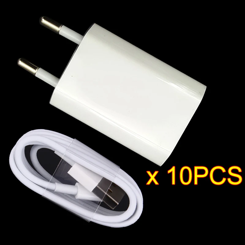 10 шт./лот, штепсельная вилка европейского стандарта, белое настенное USB зарядное устройство для iPhone 8, контактный кабель для зарядки+ Адаптер зарядного устройства для Apple iPhone 6, 7 Plus, 5S, 5