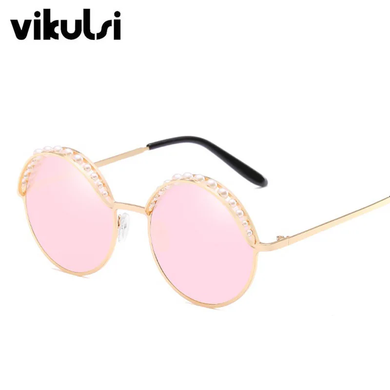 D451 gold pink Роскошные круглые солнцезащитные очки с бусинами для женщин, модная оправа из сплава, брендовые дизайнерские солнцезащитные очки с жемчугом для женщин, черные оттенки, UV400, новинка - Цвет линз: D451 gold pink