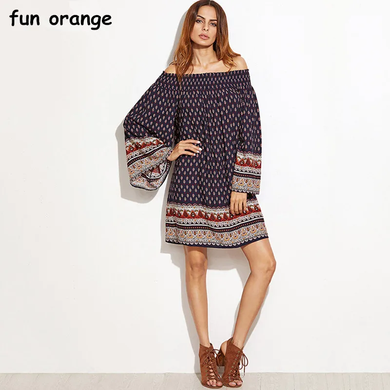 Весело оранжевый Для женщин с модным принтом богемное пляжное платье плечо без