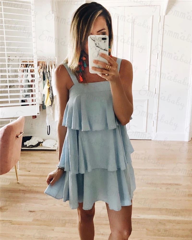 Sexy Woman Boho Solid Sleeveless Cascading Ruffle Party Evening Summer Beach Short Mini Dress | Женская одежда