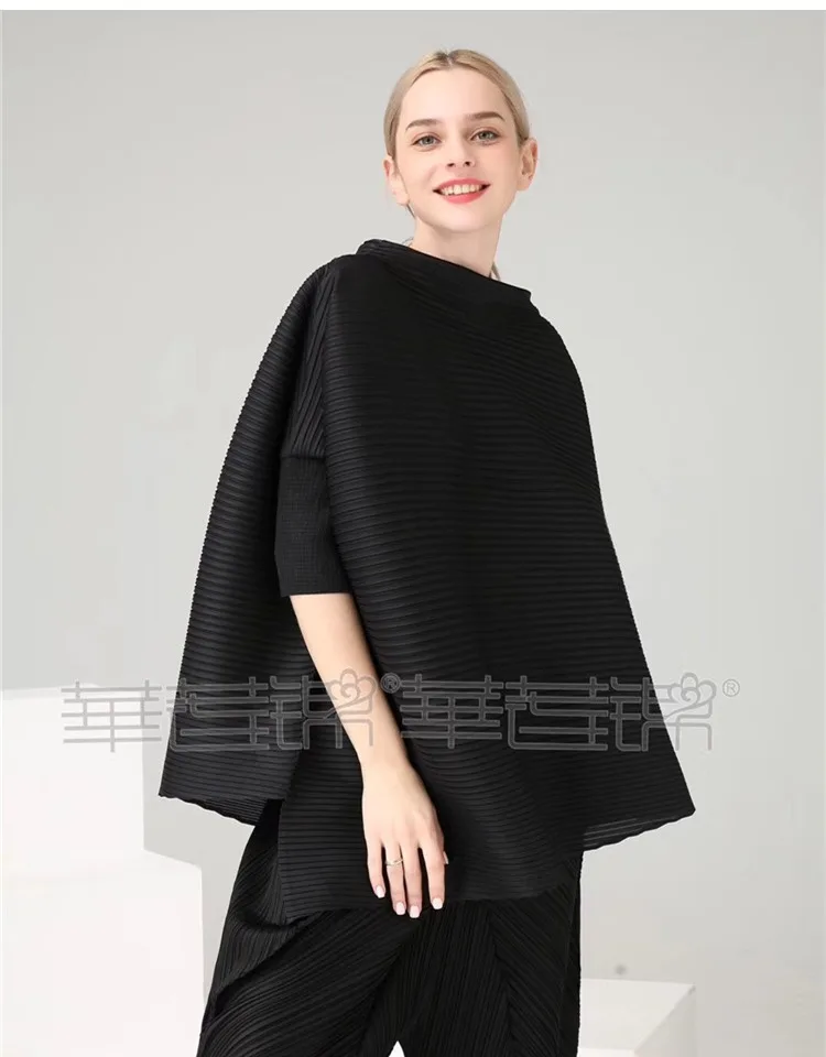 Changpleat Весенняя свободная Асимметричная Женская футболка Топы Miyak плиссированные модные футболки со стоячим воротником и рукавами летучая мышь большого размера