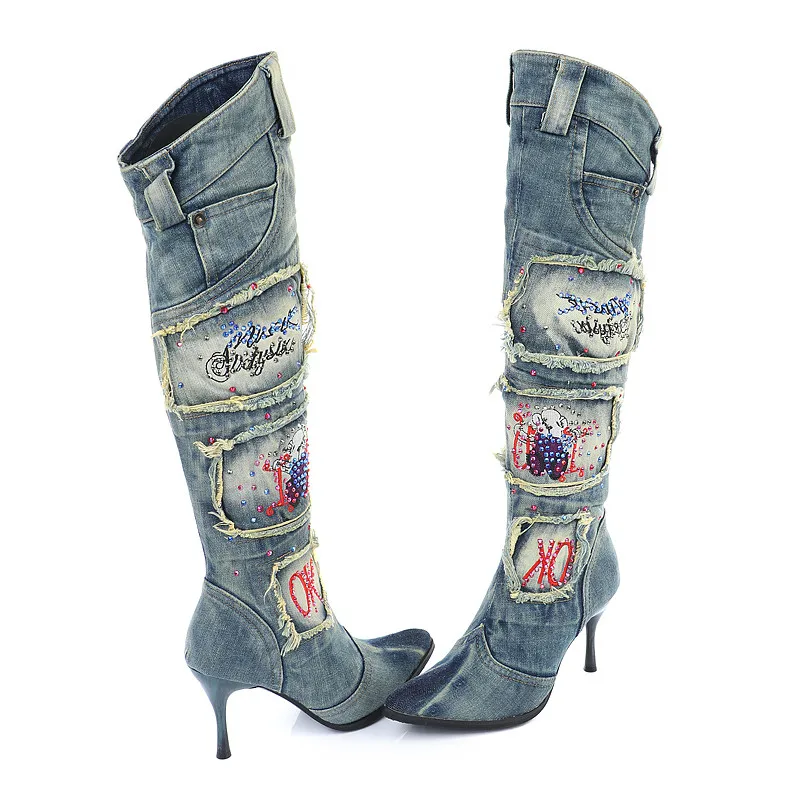 

Женские джинсовые сапоги с острым носком, высокие сапоги до колена на высоком каблуке, женские зимние теплые джинсовые сапоги, женская обувь из искусственной резины, новинка 2023