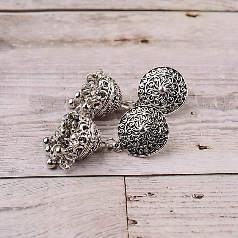 TopHanqi индийские цыганские украшения Jhumka, серебряные, Boho, винтажные Этнические женские серьги, полые Висячие серьги для женщин