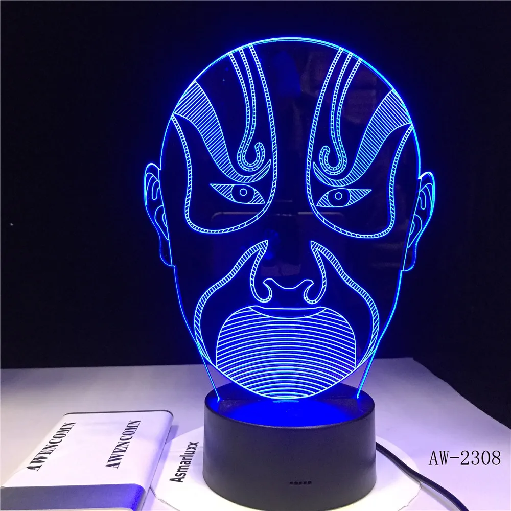 3D видение ночник Пекинская опера мужской Лицо Цвет яркий светодиодный книга изображения Touchment управление Цвет 3D ночник настольная лампа AW-2308