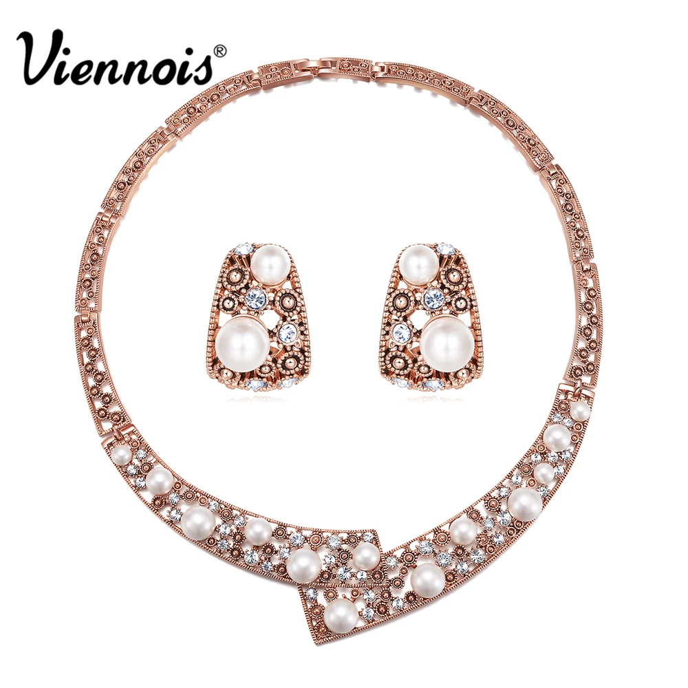 

Viennois Bridal Jewelry Sets for Women Wedding Indian Luxury Rose Gold Color Simulated Pearl Necklace and Earrings Jewelry Set