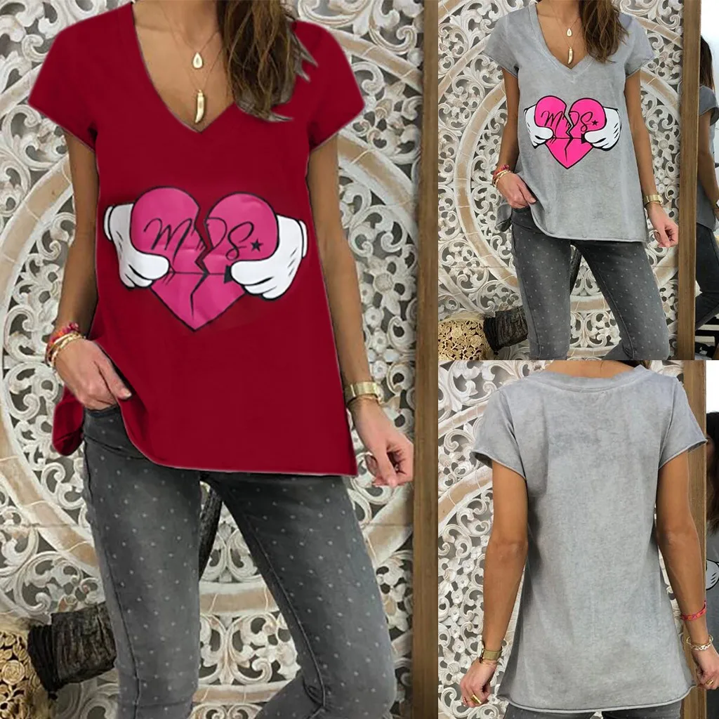 Модная женская футболка с коротким рукавом и принтом сердца повседневные топы