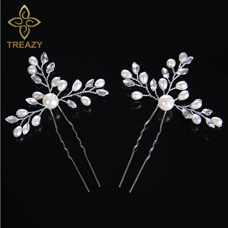 TREAZY 2pcs/lot Bridal Wedding Crystal Simulated Pearl Flower Hair Pins Handmade Headpiece Bridesmaid Bride Accessories | Украшения и
