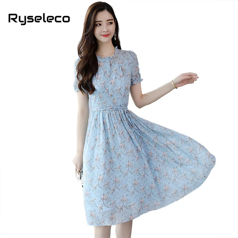 

2018 New Beach Summer Casual Dress Blue Ruffles Flower Print Chiffon Slim Elegant Female Clothes Knee Length Midi Boho Vestidos