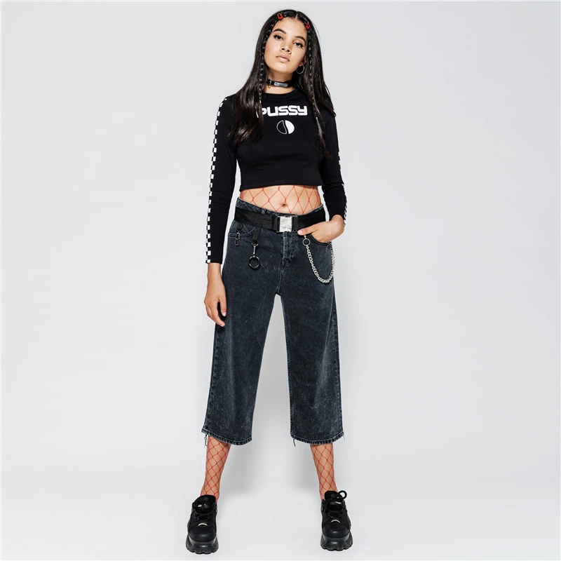 Женская футболка с шахматным принтом Приталенная круглым вырезом и длинным