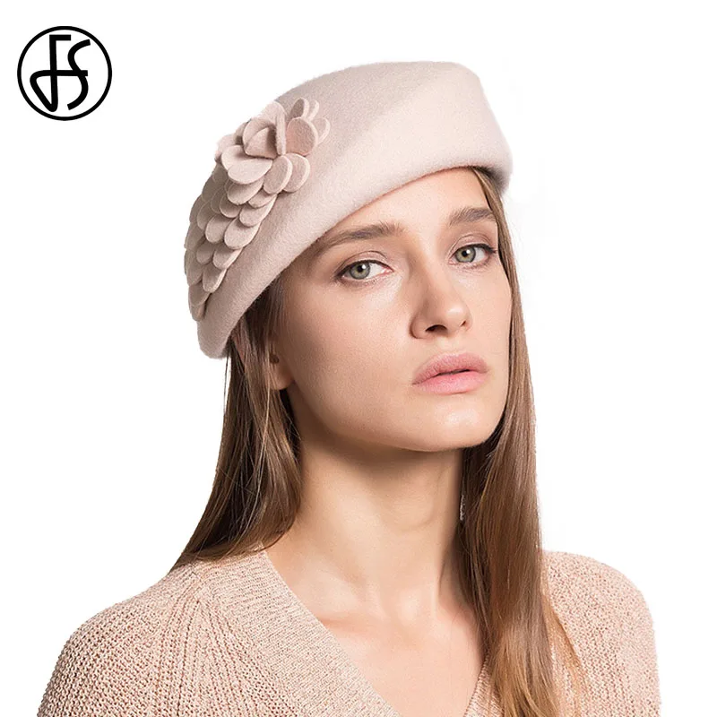 

FS French Cap 100% Australia Wool Artist Beret Hats For Women Casual Boina Dome Floral Wine Red Blue Winter Boinas Para Mujer