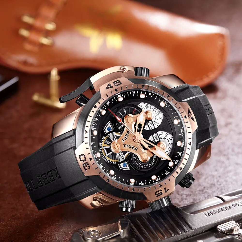 Reef Tiger/RT мужские спортивные часы с резиновым ремешком, сложная циферблат, розовое золото, автоматические военные часы RGA3503