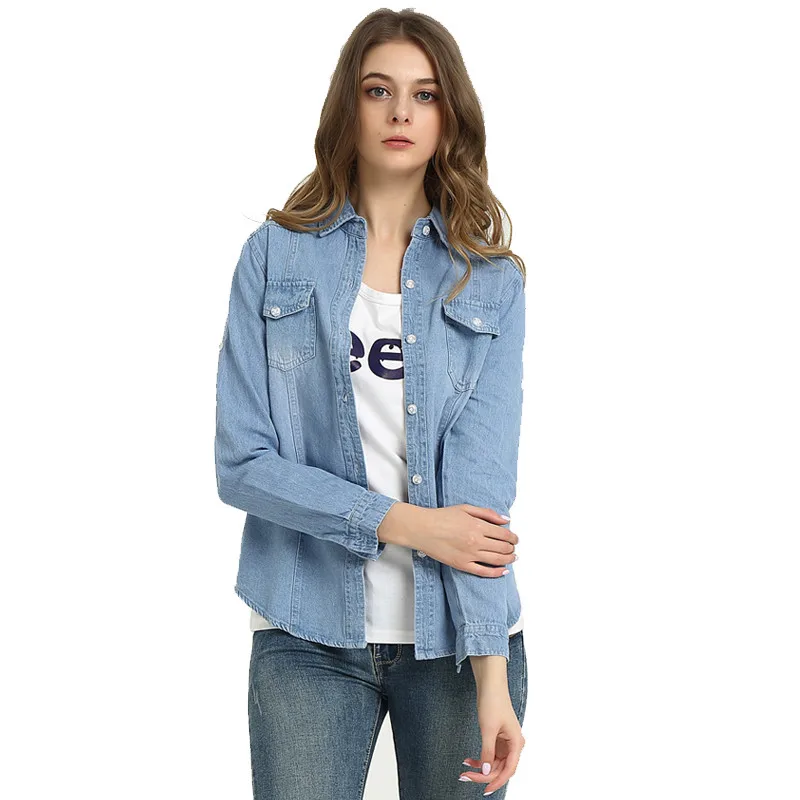 Весенние женские рубашки 2018 новые приталенные дамские джинсовые с длинным