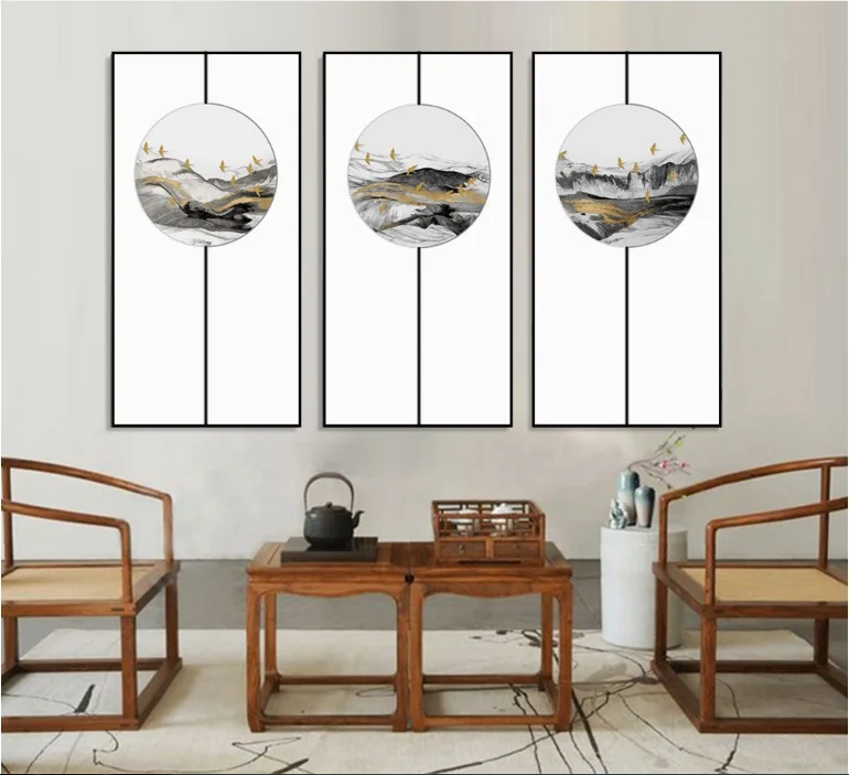 New Chinese Style Flying Bird Golden Mood Landscape 3 Pieces Decorative Paintings Wall Art Canvas Pictures for Room No Framed | Дом и сад
